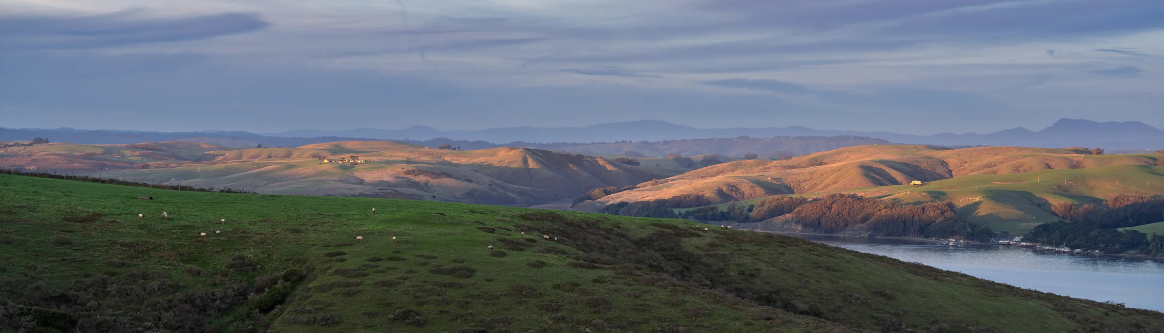 Panoramic green hills with warm sunlight along distant ridges and a strip of blue water.