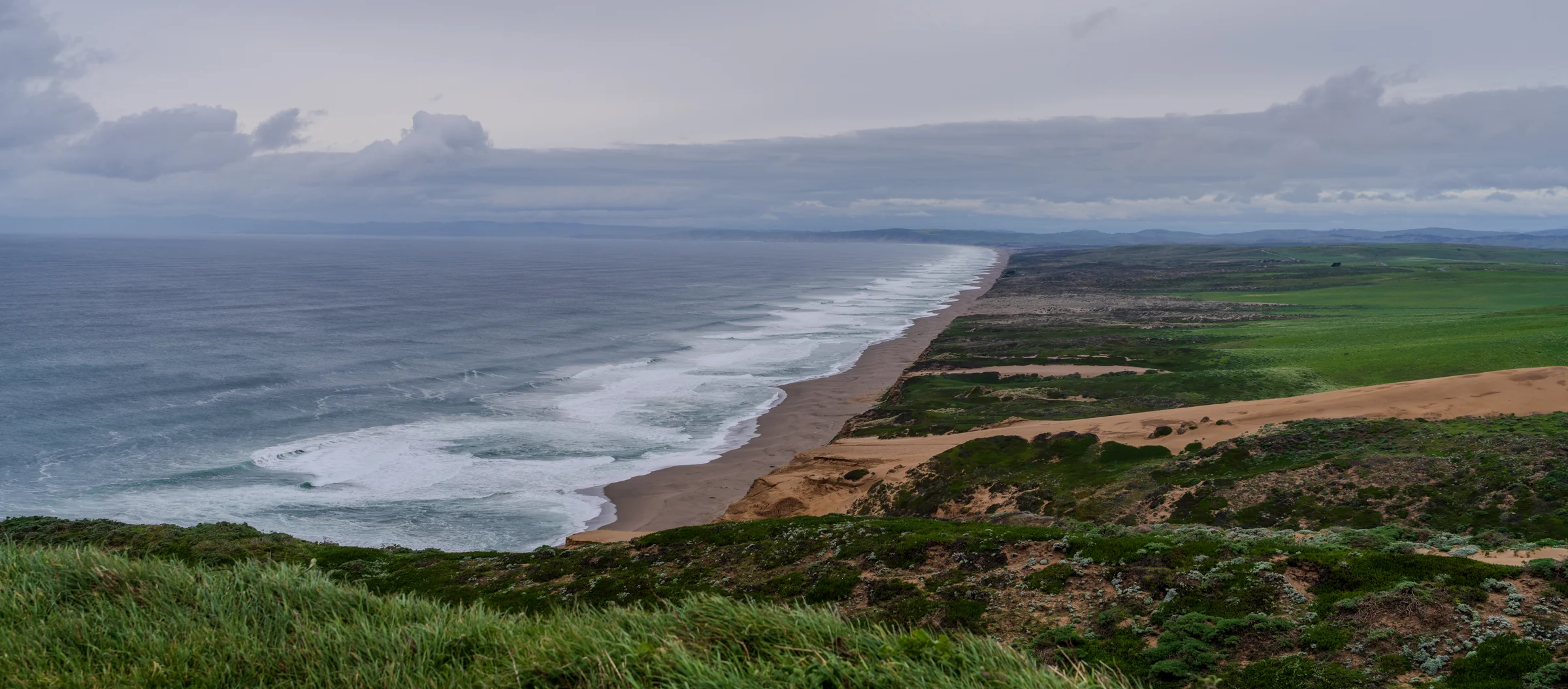 A coastline stretching into the distance, with white surf below green bluffs and gray clouds.